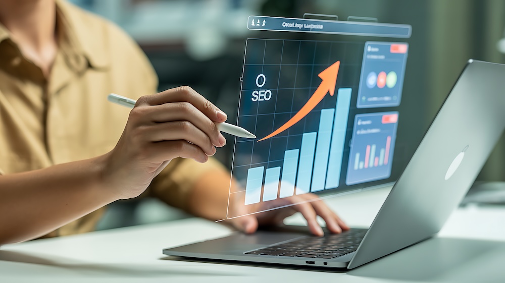 A professional is depicted working on a laptop reviewing SEO performance data presented in a digital interface The image highlights the use of technology and analytical tools for optimizing online presence strategizing digital marketing efforts and fostering business growth The rising graph symbolizes upward trends and successful SEO strategies