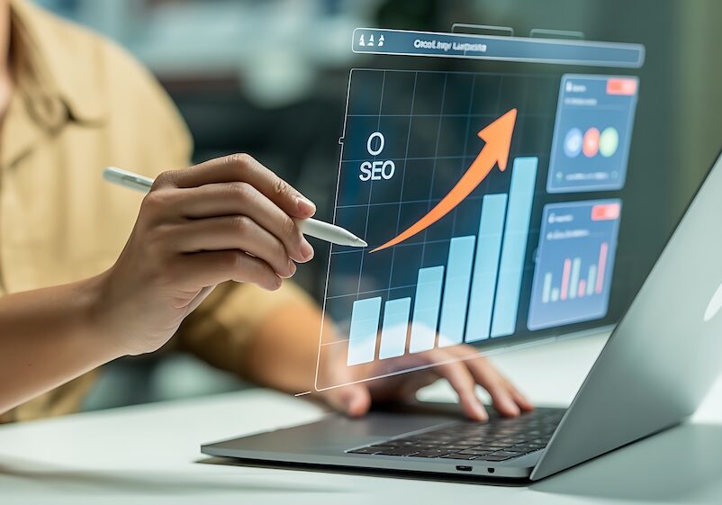 A professional is depicted working on a laptop reviewing SEO performance data presented in a digital interface The image highlights the use of technology and analytical tools for optimizing online presence strategizing digital marketing efforts and fostering business growth The rising graph symbolizes upward trends and successful SEO strategies